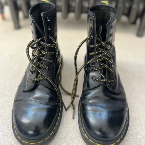 Dr. Martens Glossy Black Boots with Yellow Stitching - Picture 2 of 6